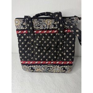Retired Vera Bradley Quilted Tote Bag Black Floral Pattern Zipper Closure